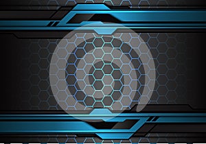 Abstract metallic blue black futuristic polygon line on hexagon mesh pattern design modern technology background vector