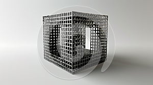 Abstract Metallic Cube Structure in a Minimalistic Setting with grid pattern and 3D design elements. AIG53M