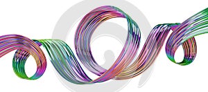 Abstract metallic flow curve. Isolated iridescent ribbon. 3D rendered art.