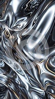 Abstract metallic fluid surface with reflective highlights, close-up view
