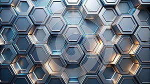 Abstract metallic hexagon pattern background design featuring a three-dimensional array of interlocking shapes with illuminated