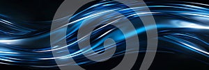 Abstract metallic shiny blue lines on black background. Digital technology communication, 5G, science, music