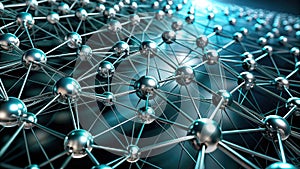 Abstract metallic sphere network interconnected nodes and complex system visualization. Generative AI