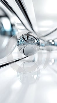 Abstract metallic spheres reflecting on glossy surface in modern minimalist design