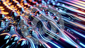 Abstract Metallic Surface with Neon Waves and Bulges photo