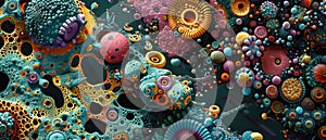 Abstract micro life background, microscopic view of cell structure, wide banner with microbiology theme. Concept of science, macro