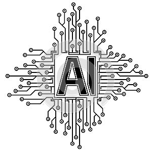 Abstract microchip icon with circuit board in black color with letters AI in the center