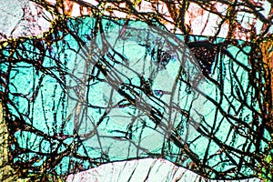 Abstract micrograph of olivine pyroxenite with polarization