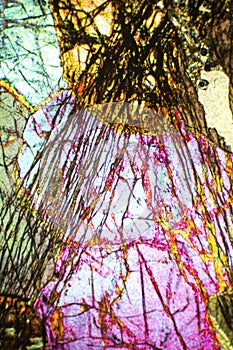 Abstract micrograph of olivine pyroxenite viewed with a polarizing microscope