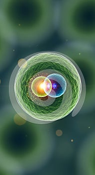 Abstract microscopic view of cellular division or biological interaction within a vibrant green