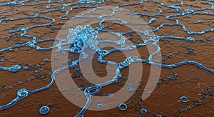 Abstract microscopic view of a glowing blue cellular network