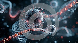 Abstract microscopic view of a virus and DNA strand