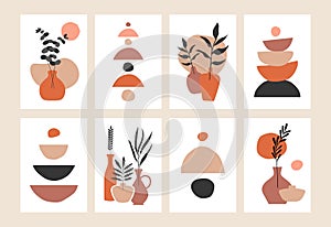 Abstract mid century posters. Contemporary wall art set floral hand drawn organic shapes, boho backgrounds. Vector illustration