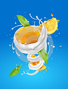 Abstract milk spiral and twisted with Orange fruit on blue background