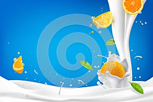 Abstract milk splashes with oranges fruit for advertising