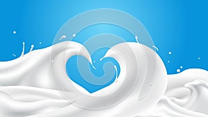 Abstract milk waves with heart shape on blue background