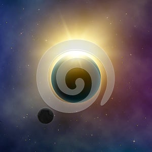 Abstract Milky Way Galaxy. Solar eclipse. Sun shine behind planet Earth and Moon. Starry night sky. Vector background