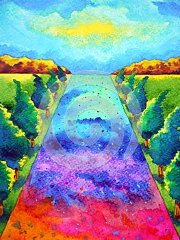 Abstract mind spiritual rainbow path journey watercolor painting art illustration design drawing