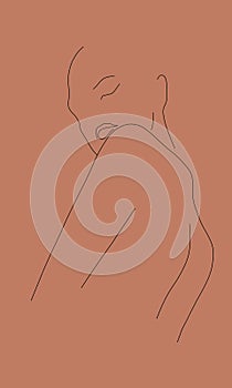 Abstract minimal line portrait silhouette of sensual nude girl half-turned with bare back.