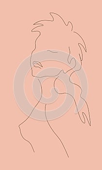 Abstract minimal line portrait silhouette of sensual nude girl half-turned on beige background.