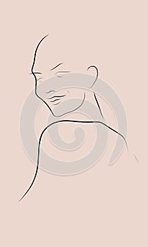 Abstract minimal line portrait silhouette of smiling nude girl half-turned with bare back.