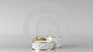 Abstract Minimal luxury white, gold Marble Cylinder circle box gold leaf podium in white background.