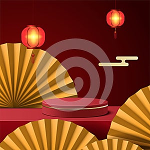 Abstract minimal mock up scene. podium for show product display. stage pedestal or platform. Chinese new year red background . 3D