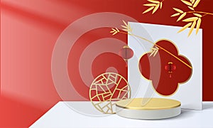 Abstract minimal mock up scene. podium for show product display. stage pedestal or platform. Chinese new year red and gold