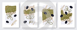 Abstract minimal olives fruits, leaves set, template background for social media stories