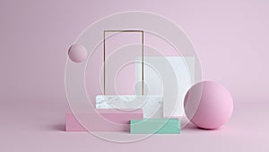 Abstract minimal scene with geometrical forms. Cube podiums in cream cwcase, shopfront,Scene to show cosmetic podructs