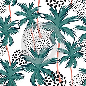 Abstract minimal tropics seamless pattern. Palm trees silhouettes and doodle texture background