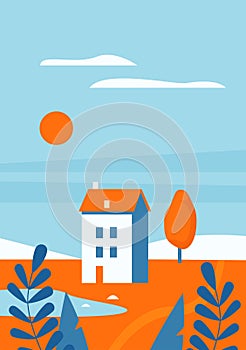 Abstract minimalist autumn landscape with building, orange field and blue lake