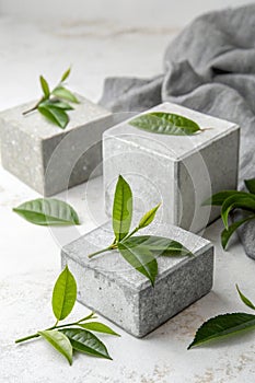 Abstract minimalist background with stone blocks and green tea leaves photo