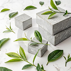 Abstract minimalist background with stone blocks and green tea leaves photo