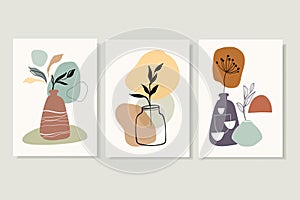 Abstract minimalist backgrounds, posters wall art set with different leaves in vase