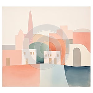 Abstract minimalist design of a coastal city with pastel colors and sharp lines and geometric shapes