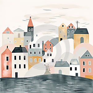 Abstract minimalist design of a coastal city with pastel colors and sharp lines and geometric shapes