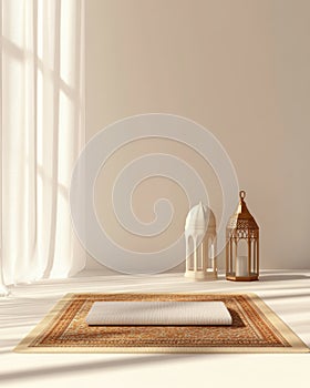 Abstract minimalist Eid alFitr illustration prayer mat lantern celebration