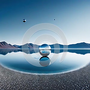 abstract minimalist futuristic fantastic seascape with calm polished chrome ring and silver ball under the plain gradient Fantasy