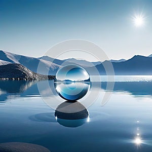 abstract minimalist futuristic fantastic seascape with calm polished chrome ring and silver ball under the plain gradient Fantasy