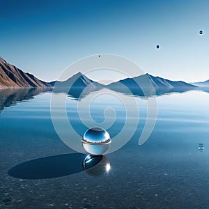 abstract minimalist futuristic fantastic seascape with calm polished chrome ring and silver ball under the plain gradient Fantasy