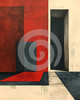 Abstract minimalist geometric wall art black white red striking lines modern contemporary painting art Nouveau