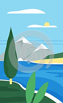 Abstract minimalist river landscape of simple geometric shapes, scenery with trees and mountains