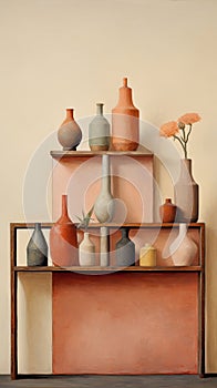 abstract and minimalist scene that combines vases, a bottle, and visually striking 3D still life art piece.