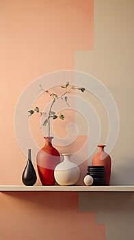 abstract and minimalist scene that combines vases, a bottle, and visually striking 3D still life art piece.