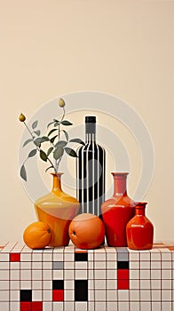 abstract and minimalist scene that combines vases, a bottle, and visually striking 3D still life art piece.