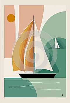 Abstract minimalist seascape with boat and birds at sunset. Modern flat vector illustration for wall decor