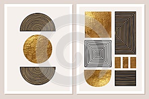 Abstract minimalist wall art composition in beige, grey, white, black colors. Simple line style. Golden geometric shapes