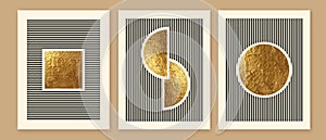 Abstract minimalist wall art composition in beige, grey, white, black colors. Simple line style. Golden geometric shapes