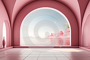 Abstract minimalistic background in pink color. Trendy interior with arch the building style modern. Sea, sky and mountain in